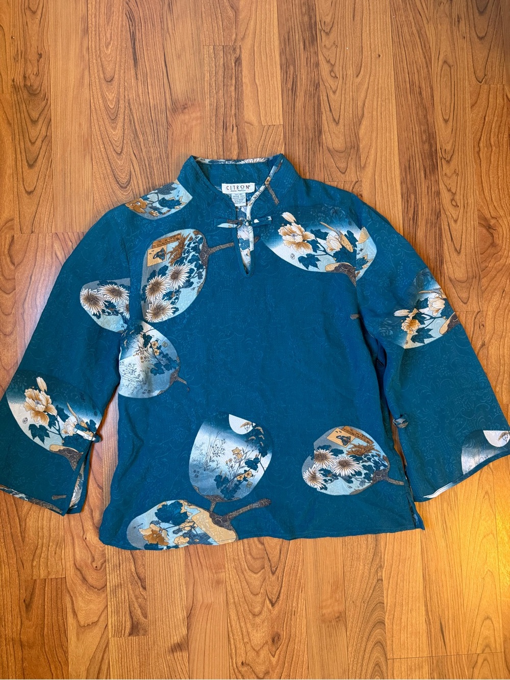Vintage Citron Teal Floral Split-Neck Tunic